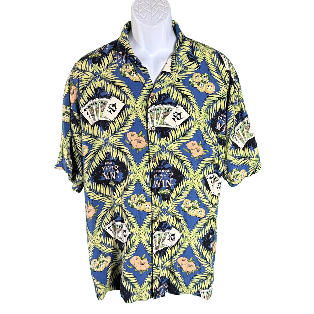 Big Dogs Button Up Shirt Mens Large Blue Play To Win Poker Gambling Rayon Tropic